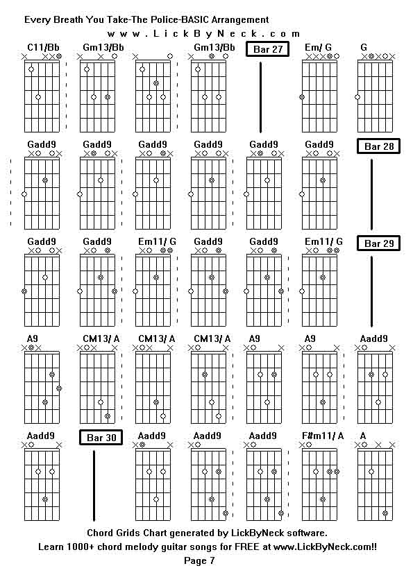 Chord Grids Chart of chord melody fingerstyle guitar song-Every Breath You Take-The Police-BASIC Arrangement,generated by LickByNeck software.